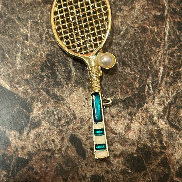 Elegant Gold Tone Tennis Racket Brooch with Teal Accents - Picture 1 of 6